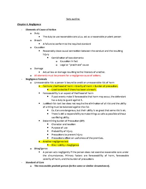 Torts Outline Torts Outline Chapter 4 Negligence Elements Of Cause