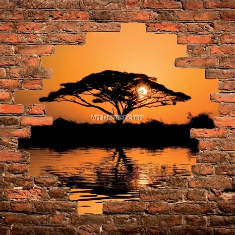 Sticker mural trompe lœil mur de pierre Coucher de soleil en Afrique