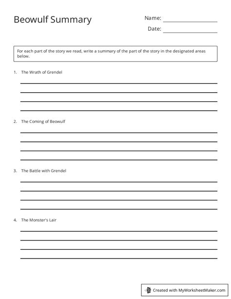 Beowulf Summary My Worksheet Maker Create Your Own Worksheets