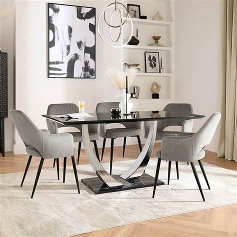 Peake Dining Table And 4 Clara Chairs Black Marble Effect And Chrome Grey Classic Velvet And Black