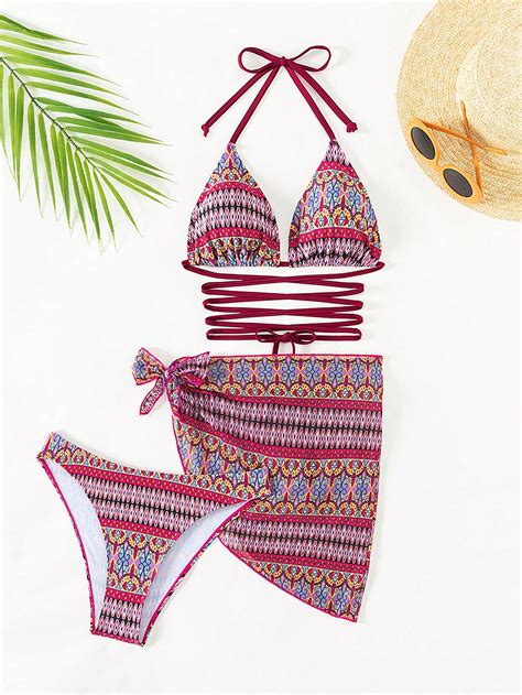 Conjunto De Bikini Con Estampado Geom Trico Y Estampado Completo Con