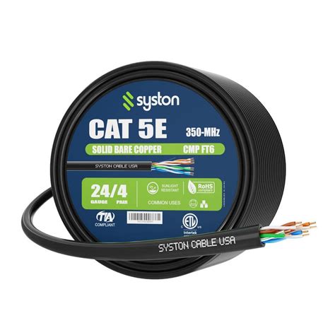 Syston Cable Technology 250 Ft Black Cat5e Plenum Rated 350 MHz 24 AWG