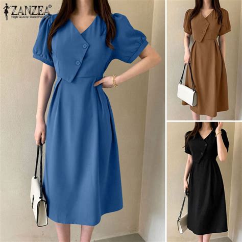 Esolo Zanzea Muslimah Women Muslim Casual V Neck Puff Sleeve Dress Lace