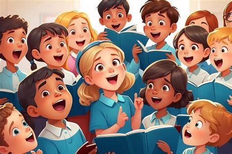 Grupo De Desenhos Animados De Crian As Cantando No Coro Da Escola