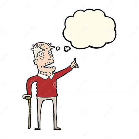 Cartoon Old Man With Walking Stick With Thought Bubble Stock