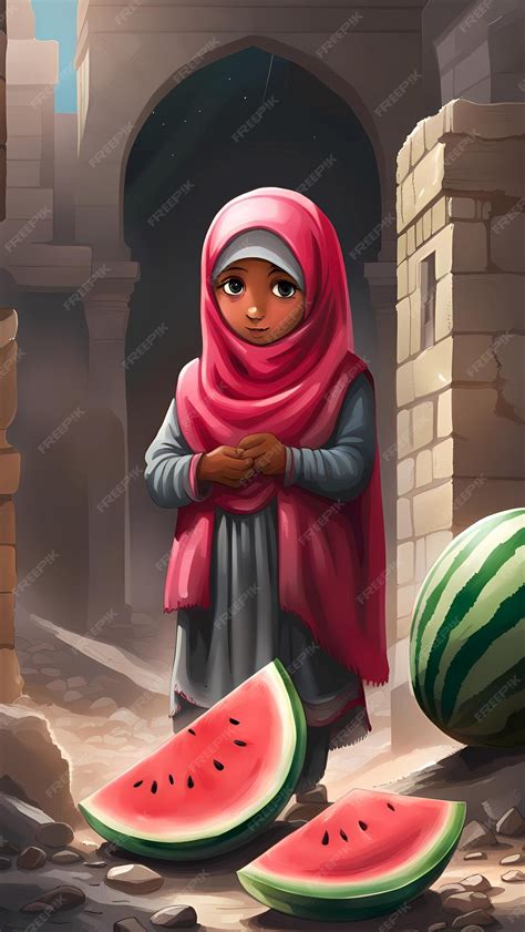 Premium Ai Image Palestinian Girl Wearing Hijab With Watermelon In Gaza Ruins