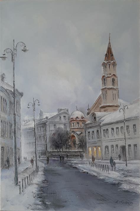 Winter Cityscape By Aleksandras Lysiukas Tranquil Painting Of Snow