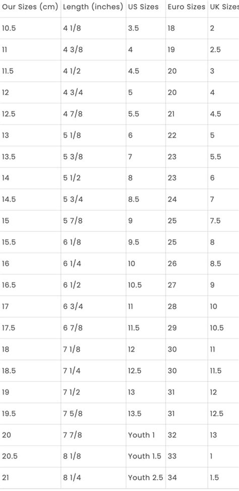 Children's Shoe Size Chart – Nine Months Later