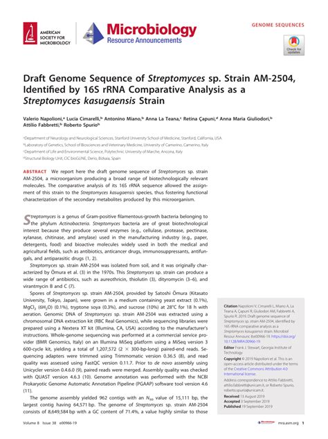 Pdf Draft Genome Sequence Of Streptomyces Sp Strain Am 2504