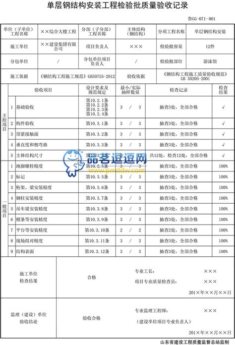 鲁gg 071单层钢结构安装工程检验批质量验收记录品茗逗逗网品茗施工软件服务平台