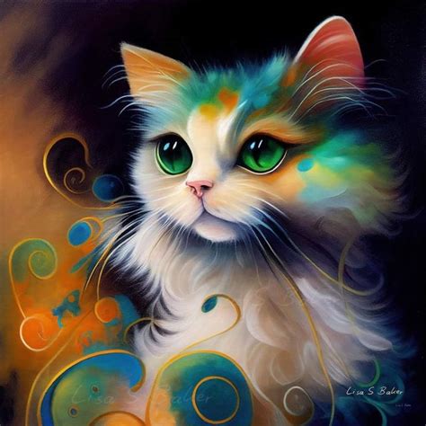 A Painting Of A Cat With Green Eyes And Colorful Swirls On It S Face