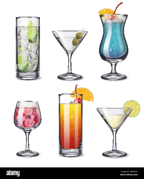 Alcohol Drinks Cocktails Realistic Set With Isolated Front View Images