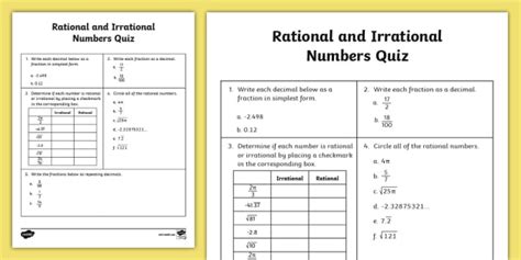 Eighth Grade Rational And Irrational Numbers Quiz Twinkl Worksheets Library