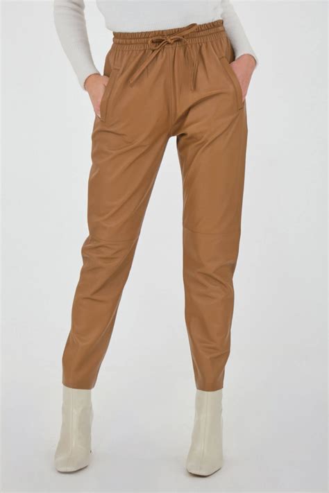 Pantalon Lastique En Cuir Agneau Oakwood Gift Noisette Cesare