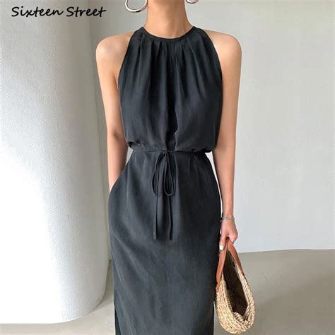 Sleeveless Black Solid Dress Women 2022 Summer High Waist Chic Long Dress Vestidos Korean