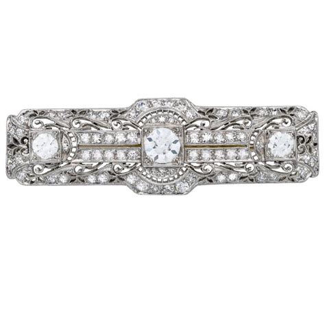 Past Era Edwardian Diamond Platinum Filigree Rectangular Bar Pin For