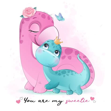 Premium Vector Cute Little Dinosaur Mother And Baby With Watercolor