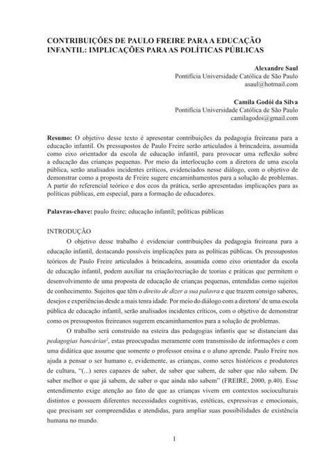 PDF CONTRIBUIÇÕES DE PAULO FREIRE PARA A EDUCAÇÃO INFANTIL de