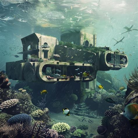 An Underwater House Built Into A Coral Reef With Fish Swimming Around