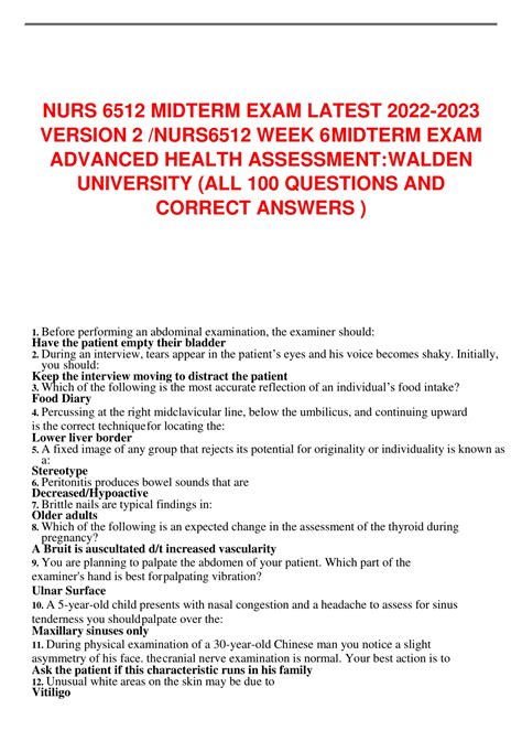 NURS 6512 MIDTERM EXAM LATEST VERSION 2 NURS6512 WEEK 6 MIDTERM EXAM