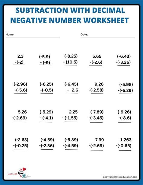 Subtraction Worksheet For Negative Numbers