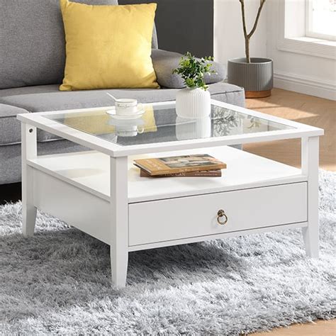 Stanley Square Glass Coffee Table With 2 Drawers In White Furniture