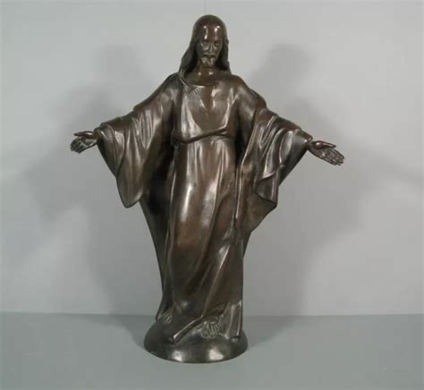 JÉSUS CHRIST SACRÉ Cœur Ancienne Sculpture Bronze Signé Paul Graf EUR