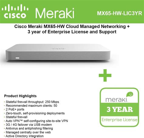 Cisco Meraki Mx65 Hw Cloud Mngd Sec Appliance 3yr Of