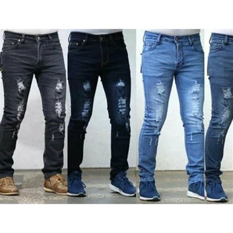 Jual Celana Jeans Panjang Strecth Pria Model Sobek Wiscer Warna Biru