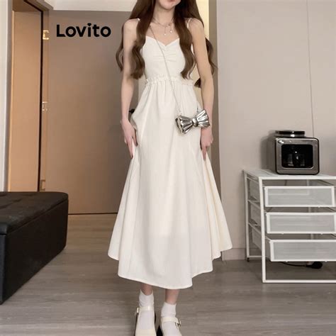 Lovito Women Casual Plain Lettuce Trim Dress Lne White Shopee