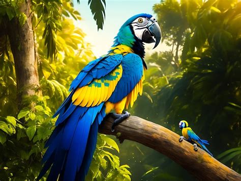 Loro guacamayo azul y dorado sentado en el árbol con un niño pequeño y