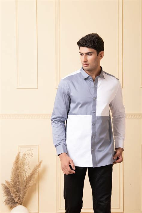 Hilo Design Mens White Shirt With Grey Box Patches On Sleeves And Shirt