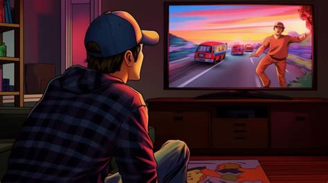 Premium Photo | Cartoon of a man watching a cartoon movie on a tv ...