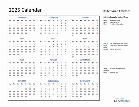 United Arab Emirates 2025 Calendar With Holidays