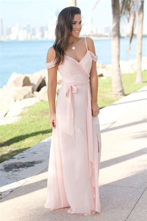 Blush Off Shoulder Maxi Dress With Side Slit Bridesmaid Dresses Saved By The Dress