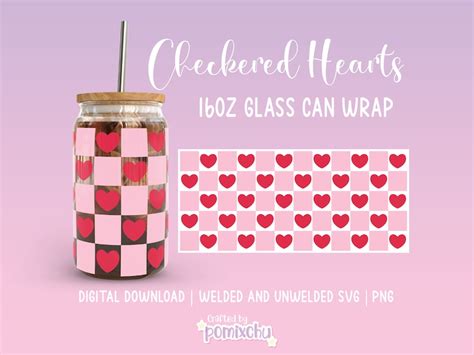 Checkered Hearts Glass Can Svg Valentines Day Svg 16oz Libbey Glass