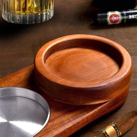 Cigar Ashtray Coaster Whiskey Glass Tray And Cigar Holder Wooden Ash Tray Slot To Hold Cigar