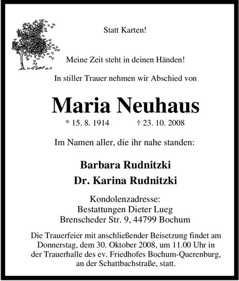 Traueranzeigen Von Maria Neuhaus Trauer In NRW De