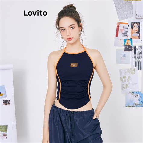 Lovito Women Contrast Tape Appliques Ruched Tank Top L59ED028 Navy