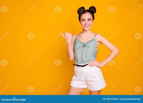 Portrait Of Positive Cheerful Girl Promoter Point Thumb Copyspace