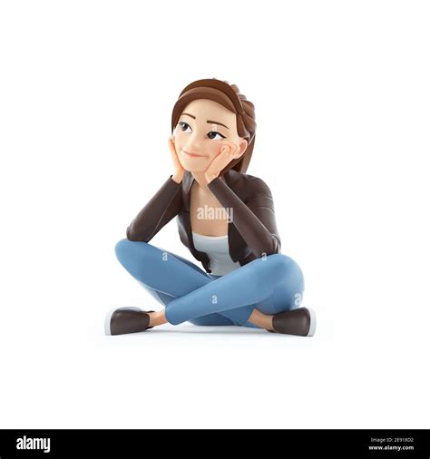 3d Cartoon Woman Sitting On Floor And Thinking Illustration Isolated