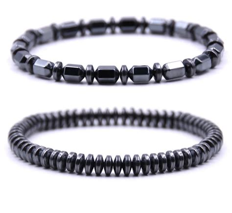 2pcs Set Men S Women S Hematite Black Stone Beads Bracelet Metal No