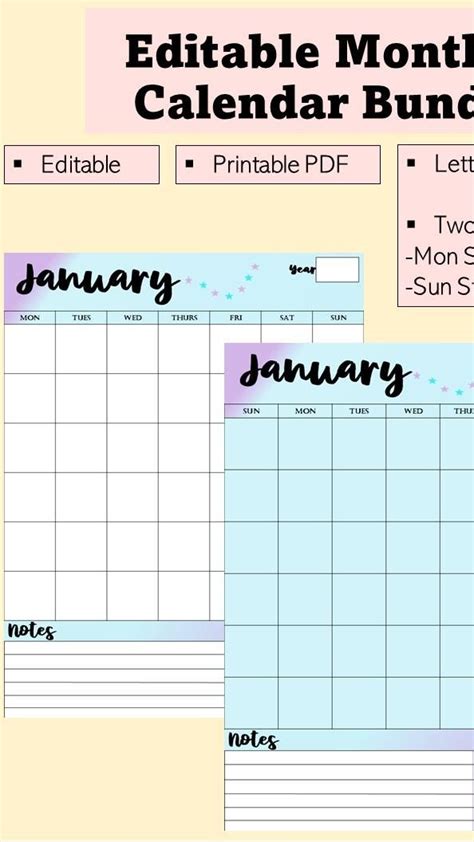 Editable Monthly Calendar Printable