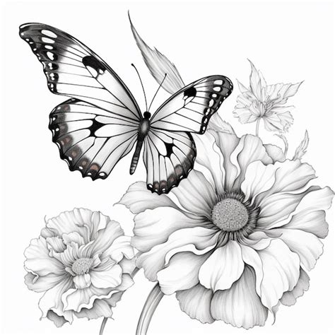 Premium Photo | A black and white drawing of a butterfly and flowers ...