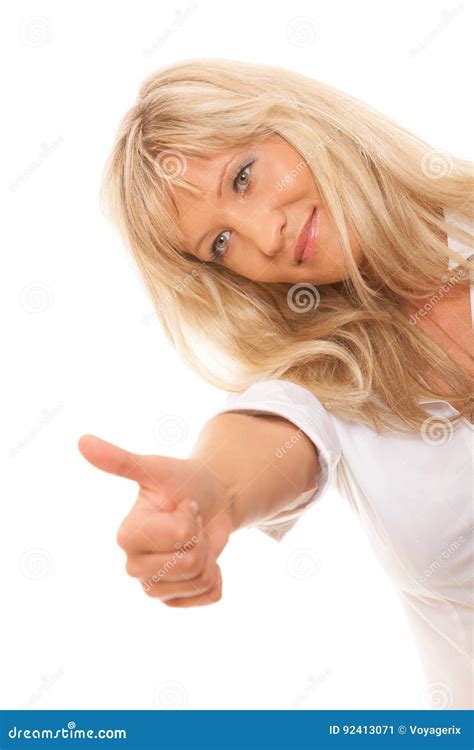 Mature Woman Giving Thumbs Up Sign Isolated Stock Image Image Of Positive Achievement 92413071