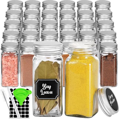 30 Pcs Glass Spice Jars With Spice Labels 4oz Empty Square Spice