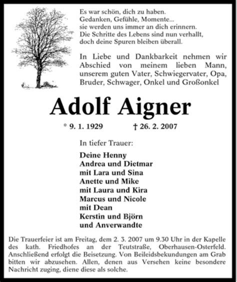 Traueranzeigen Von Adolf Aigner Trauer In NRW De