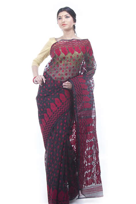 Exclusive Black Red Dhakai Jamdani Saree From Bangladesh