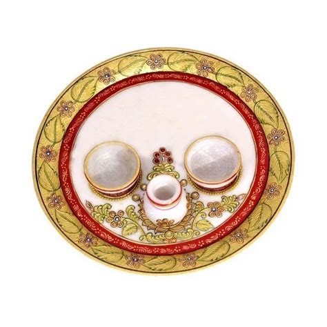 Multicolor Home Temple Marble Pooja Thali 9 Inch For Pooja Worship