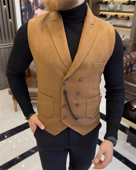 Italian Style Slim Fit Suede Double Breasted Vest Camel T